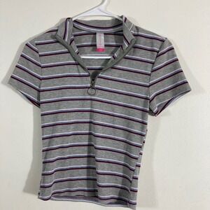 No Boundaries Quarter Zip Top Juniors Small Grey Striped Ribbed Mock Neck Shirt